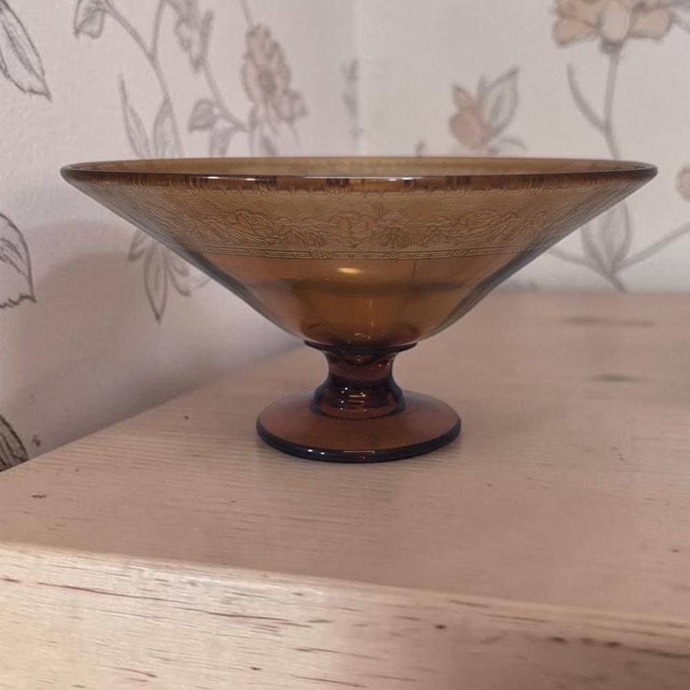 Amber Glass Pedestal Bowl, Floral Etched Edge‎ Design Dish, Vtg Footed Glassware